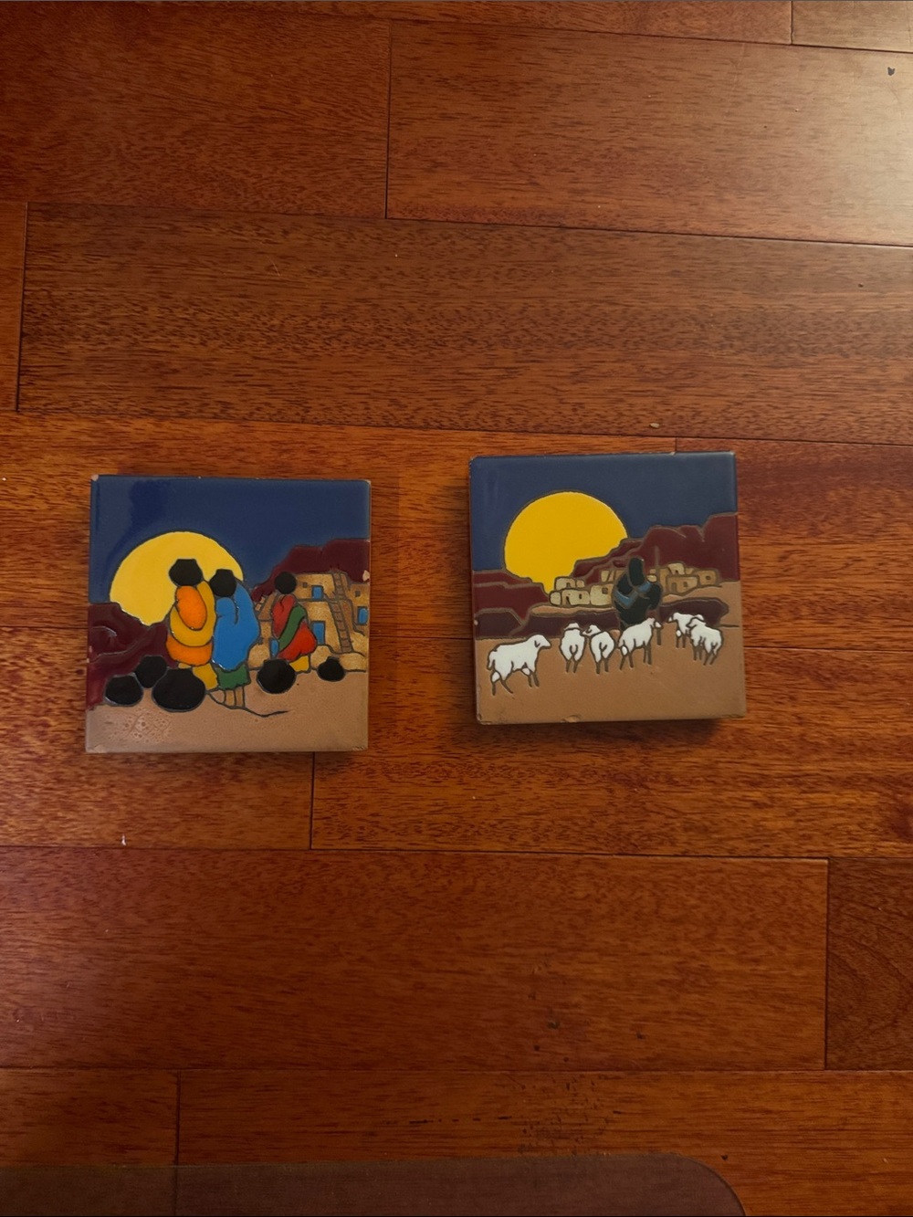 Pair of hand-Painted Southwestern Tile Trivets in Blue and Yellow